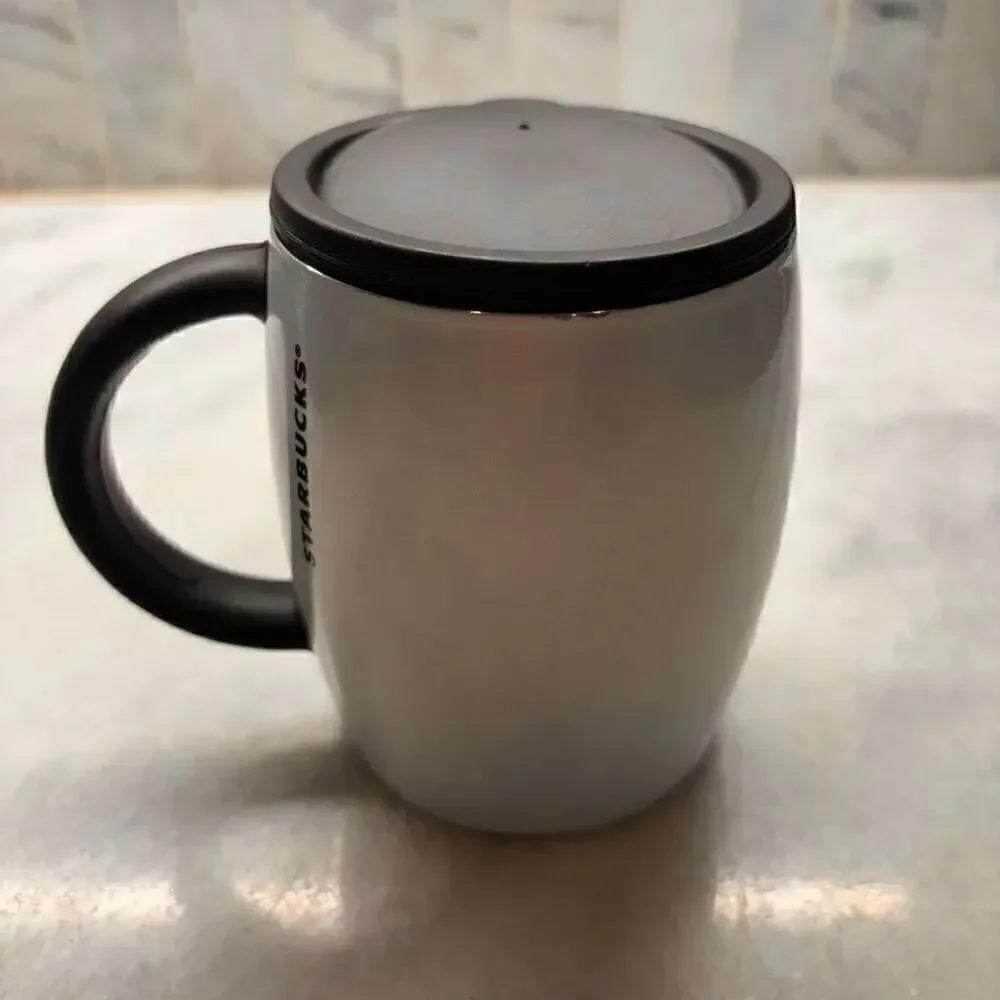 RARE Vintage 2013 Starbucks Stainless Steel White Pearlescent Mug with Lid, 14 f